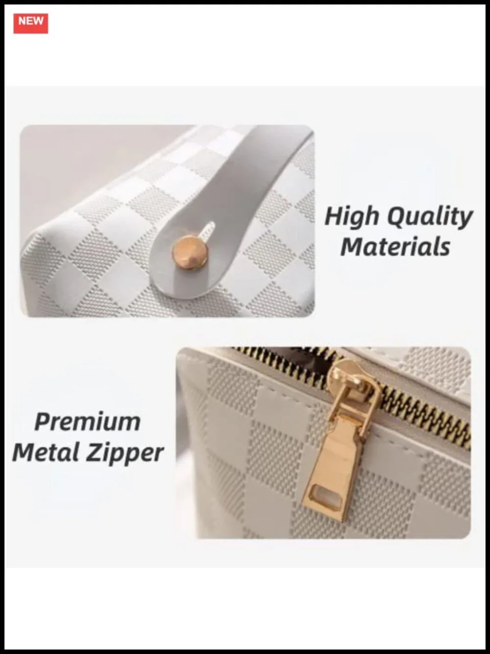 Large Capacity Checkered PU Leather Travel Makeup Organizer Toiletry Bag
